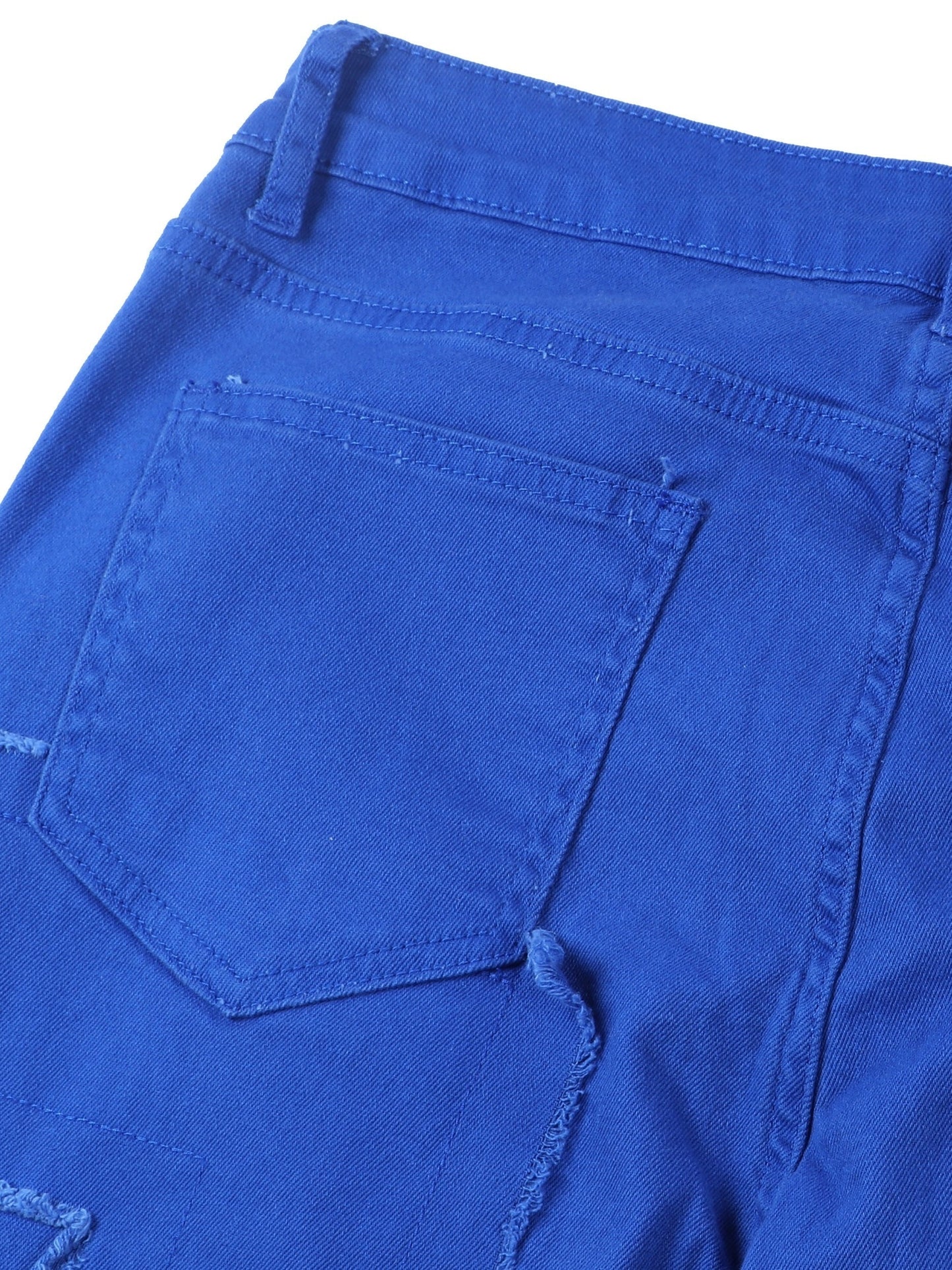 Men'S Slim-Fit Distressed Washed Blue Faux Denim with Fringe Hem & Tassel Details - Heavy-Faux Denim Streetwear Hip-Hop Skateboard Rap Style, All-Season Comfort Stretch Faux Denim for Men, Casual to Semi-Formal Wear (Regular Length), Stretchable Faux Deni