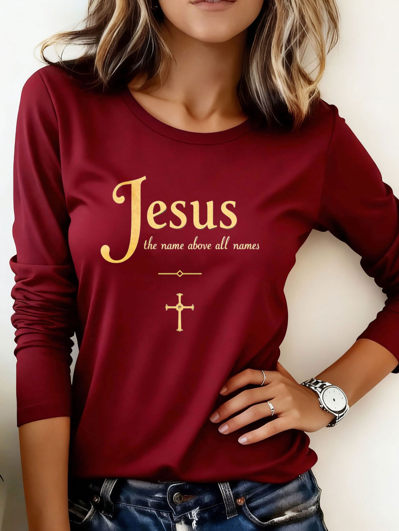 Woman T shirts 1pc Jesus The Name Above All Names Washable Comfortable Durable Easy Wear Casual Holiday Party Outfit Fashion 200g Heavyweight Long Sleeve T Shirt (100% Polyester)
