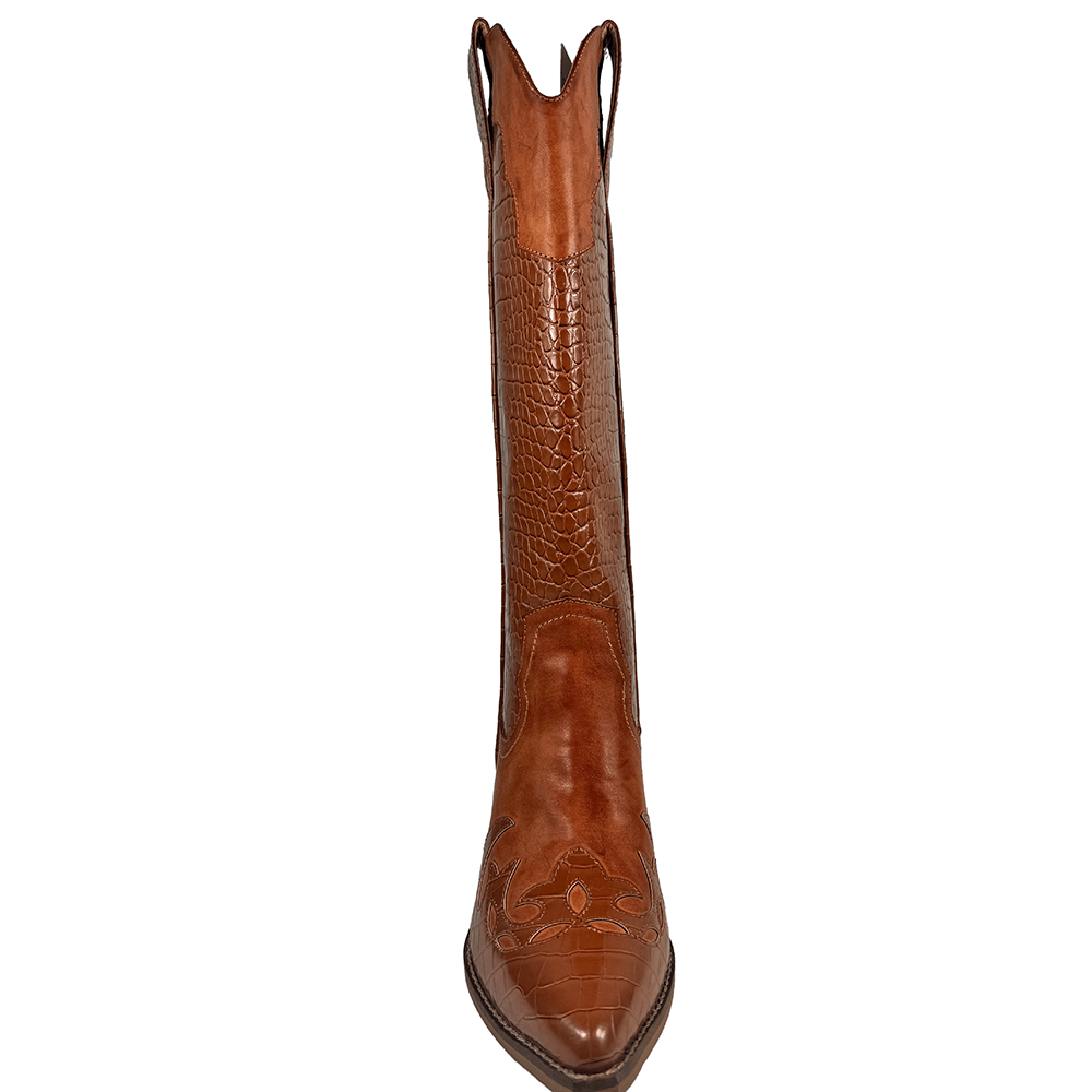 ARiderGirl Pamela Women's Western Cowboy Knee-High Boots Crocodile Printed Chunky Stacked Heel Pointed Toe Boots