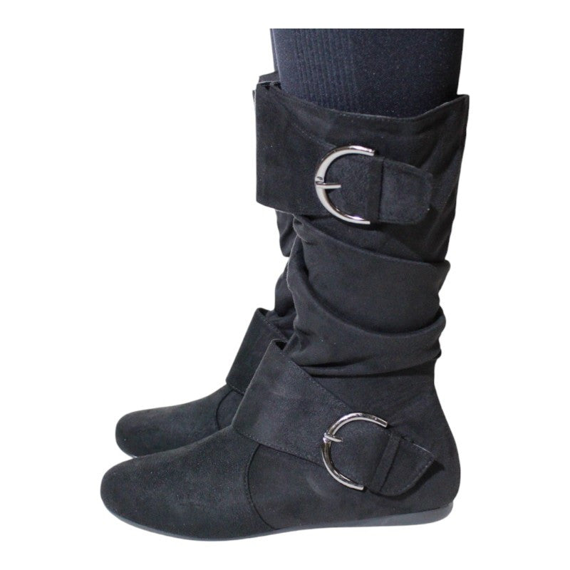 Women's Closed Round Toe Buckle Slouch Flat Heel Mid-Calf Boot
