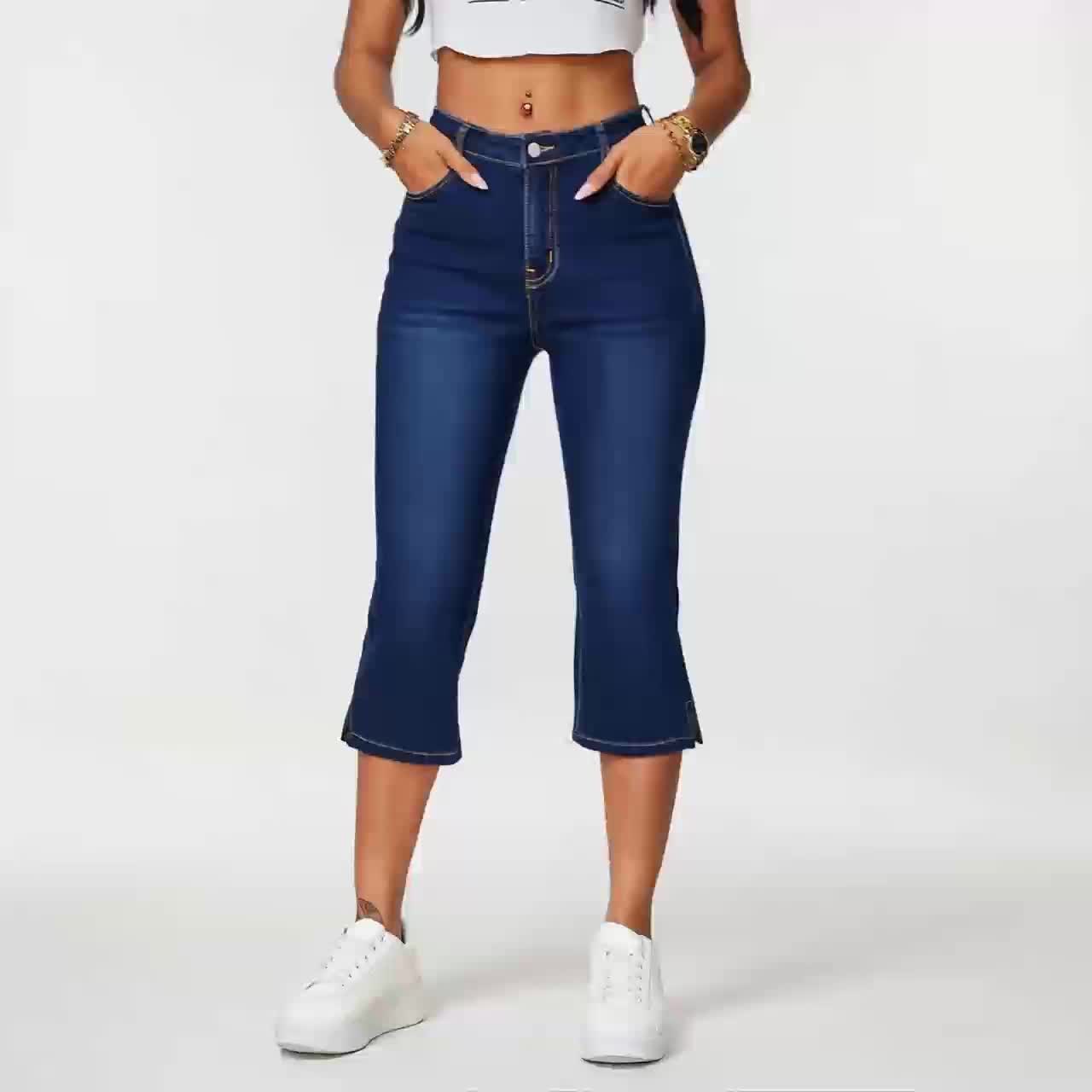 Women'S High-Waisted Mid-Rise Stretch Denim Capri Pants - Elegant Slim Fit with Button Closure, Ripped Detail, and Flared Hem, Light Blue, Spring/Summer Casual Wear, High Waisted Leggings, Spring Summer Apparel, Fashionforward Design
