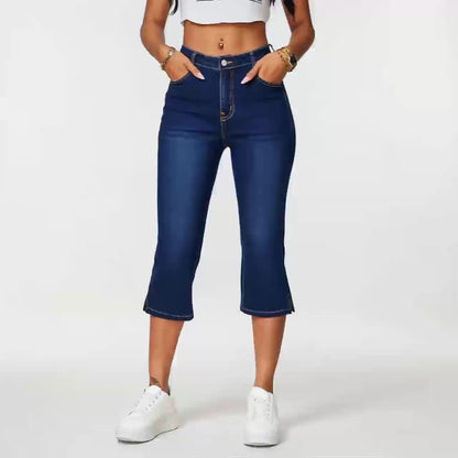 Women'S High-Waisted Mid-Rise Stretch Denim Capri Pants - Elegant Slim Fit with Button Closure, Ripped Detail, and Flared Hem, Light Blue, Spring/Summer Casual Wear, High Waisted Leggings, Spring Summer Apparel, Fashionforward Design