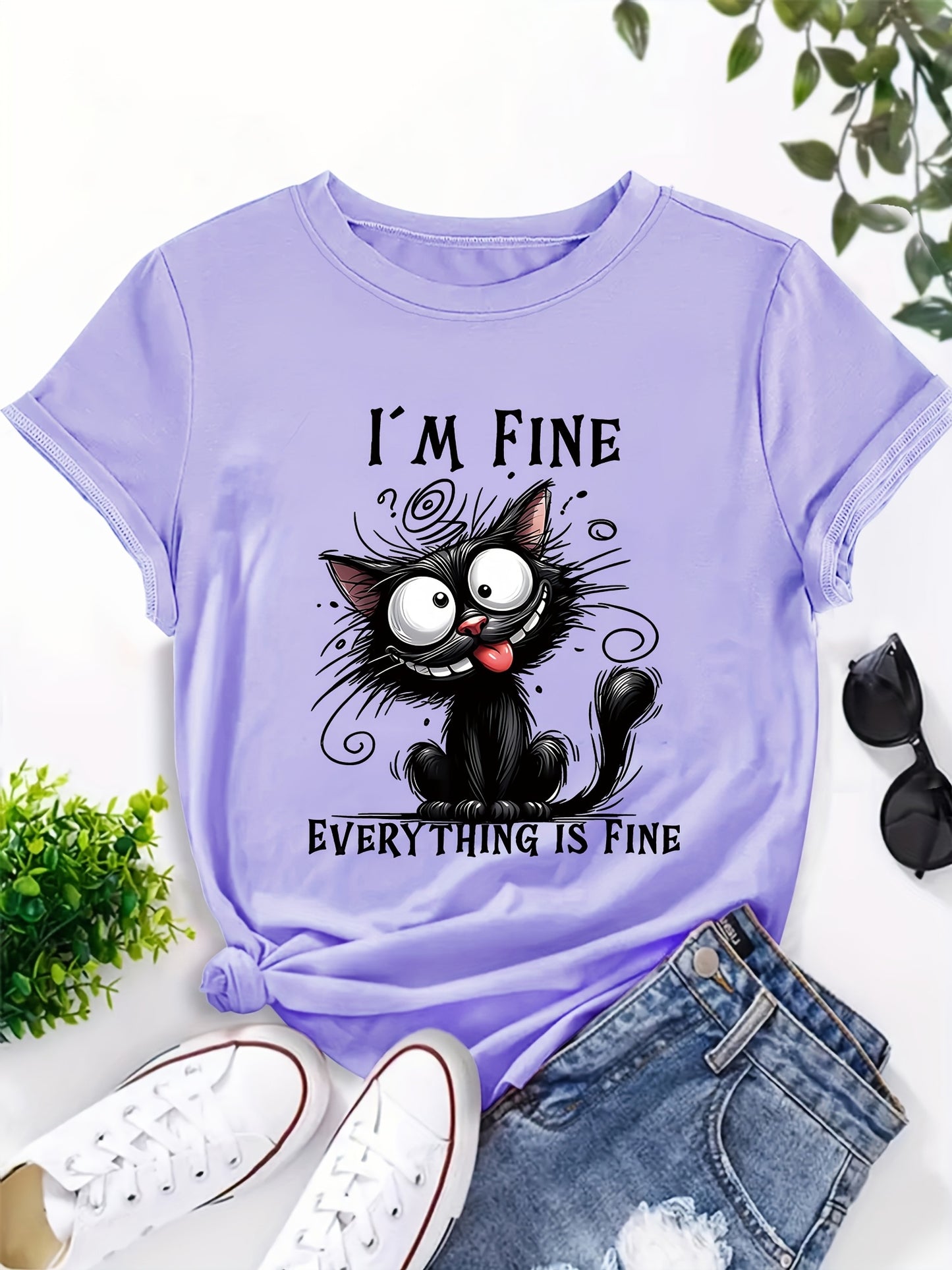[ 70% off Special Offer]Women'S Short Sleeve T-Shirt, Fun Cat Design "I'm Fine, I'm Fine, Everything'S Fine" Cat Lover Gift Pattern Print, Elegant Sweet Cute Vacation Commuting T-Shirt, Party T-Shirt, Home Essential T-Shirt