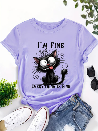 [ 70% off Special Offer]Women'S Short Sleeve T-Shirt, Fun Cat Design "I'm Fine, I'm Fine, Everything'S Fine" Cat Lover Gift Pattern Print, Elegant Sweet Cute Vacation Commuting T-Shirt, Party T-Shirt, Home Essential T-Shirt