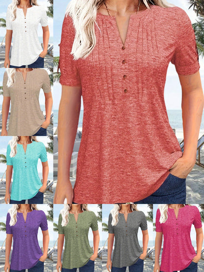 Women's Hot-selling Summer Casual V-Neck Pleated Blouse Short Sleeve Button-Up Solid Color Top