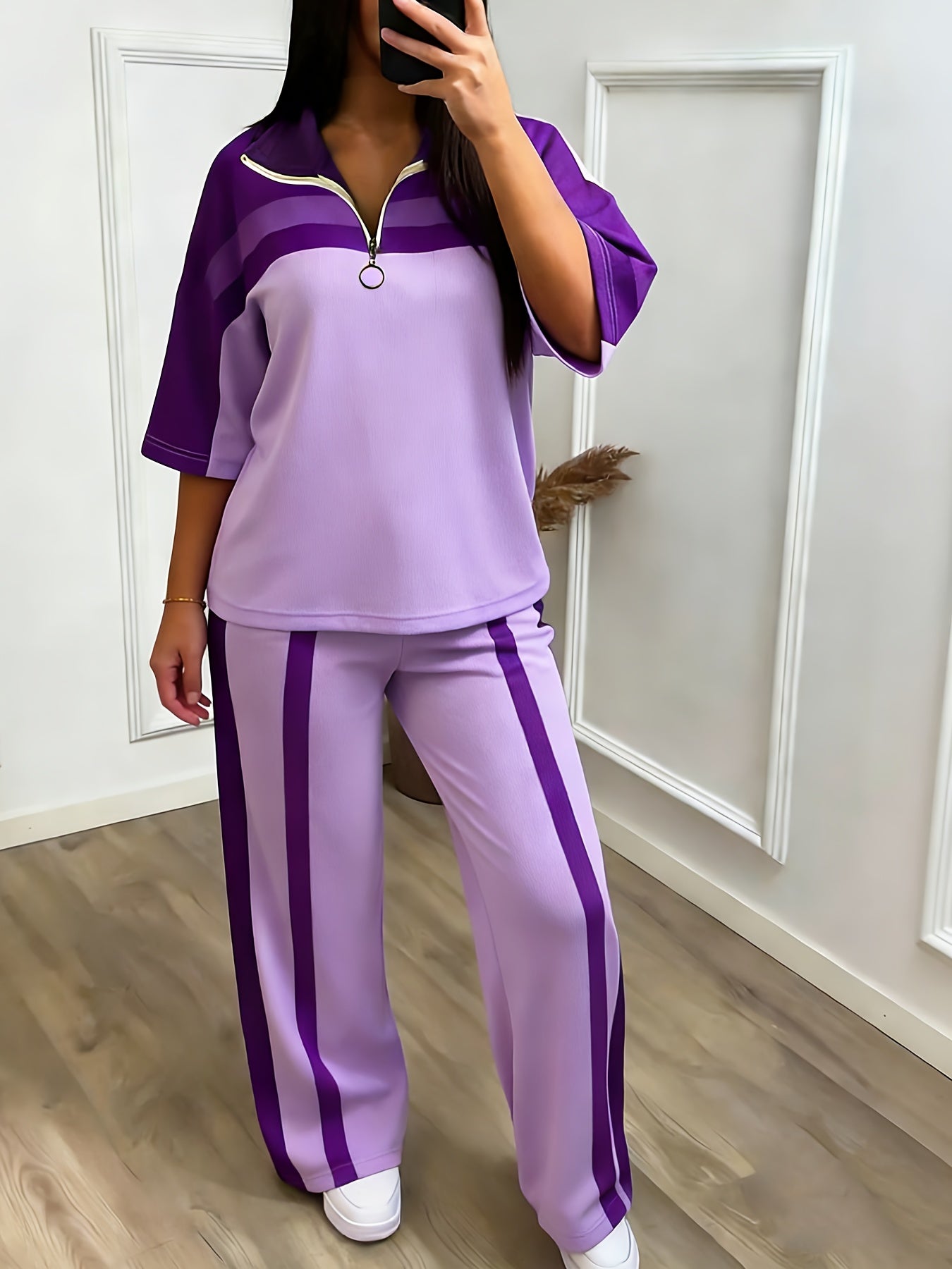 Women'S Casual Sporty Color-blocked Half-zip Stand-up Collar Mid-sleeve Sports Top + High-waisted Wide-leg Side Striped Sports Pants