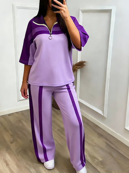 Women'S Casual Sporty Color-blocked Half-zip Stand-up Collar Mid-sleeve Sports Top + High-waisted Wide-leg Side Striped Sports Pants