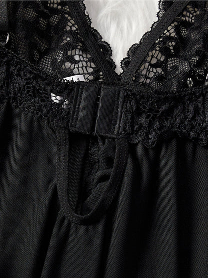 2pcs V-Neck Sexy Hot Contrast Lace Mesh Chemise Babydoll Naughty Lingerie Dress Set Nightwear Nightgown, All-Season Polyester Slip Dress Skimpy Clothes, Soft and Comfortable Sleepwear Intimate Apparel for Women, Christmas Gifts New Year Anniversay Dating