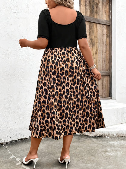 Plus Size Leopard Print Square Neck Midi Dress - Fitted Casual Elegant Machine Washable No-Stretch Fabric with Faux Buttons, Spring/Fall Women's Fashion Attire, Spring Fall Attire, Stylish Faux Buttons
