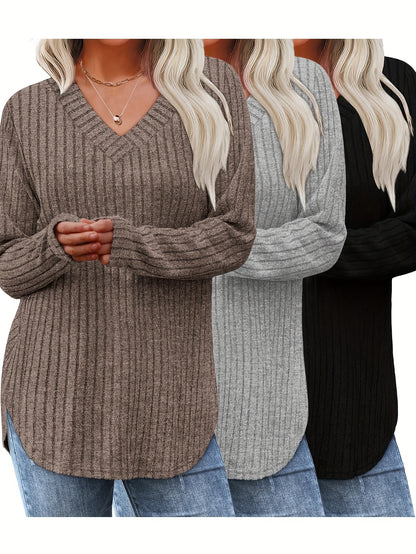 Women'S Three-Piece Fashion Tops for The Fall And Winter Season: Basic Long-Sleeve Styles, Lightweight Sweaters, And Loose, Stylish V-Neck Pullovers