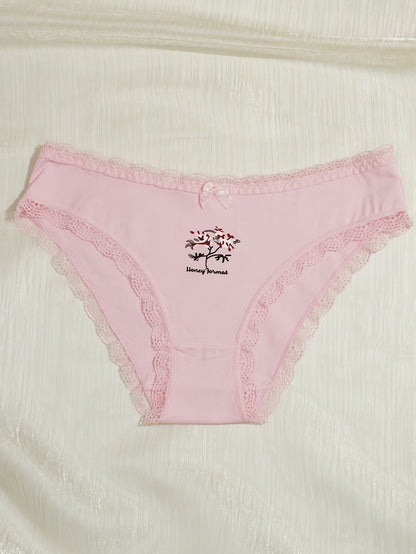 5-Pack Women'S Triangle Panties with Floral Print, Nude Comfortable Soft Stretchy Large Size Underwear with Bow Decoration, Simple Elegant Breathable Briefs - 2025 New Arrival