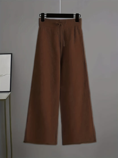 Y08 Women's 2pcs Elegant Casual Outfit, Long Sleeve Crew Neck Top & Loose Pants, Solid Color, Regular Cuffs, All-Season Wear, Multiple Colors Available