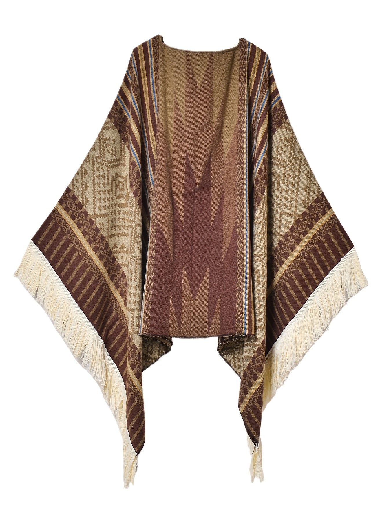 Men's Western Bandit Cape Coat with Tribal Print, Warm V-Neck Poncho with Tassel Trim for Outdoor Adventures, Fall and Winter Casual Wear (Brown/ White)