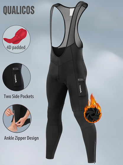 QUALICOS Men'S Insulated Cycling Bib Tights - Cold Weather Pants Featuring Fleece Lining, Shock-Absorbing Padding, Stretchy Mesh Material, Side Pockets & Ankle Zippers - Form-Fitting Bike Leggings for Winter Cycling, Running, And Commuting - Black