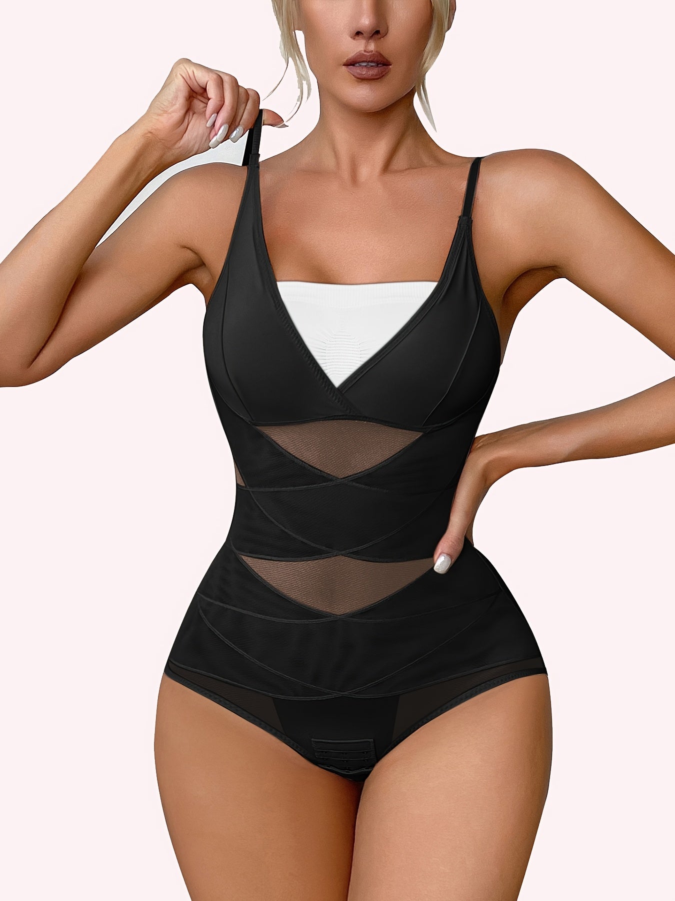 High-Waisted Body Shaping Bodysuit For Women - Sleek Black, Deep V Neck, Cross Support Back, Firm Tummy Control, Postpartum, Solid Color, Hand Washable, Removable Pads, Smoothing Silhouette, Confidence Boosting