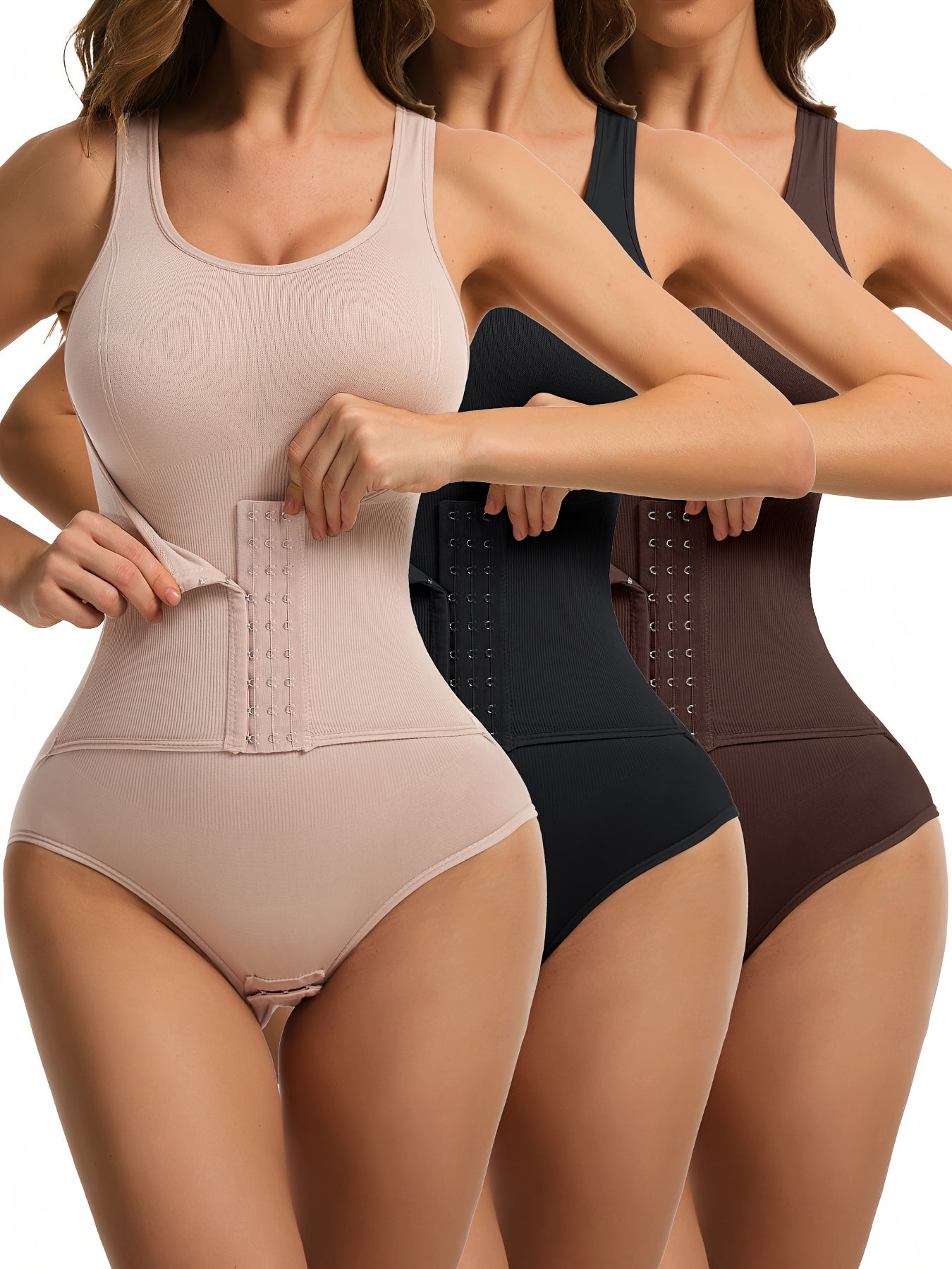 3pcs Solid Tummy Control Bodysuit with Abdominal Control - Bodysuits for Women with Seamless Butt Lifting, Snap Crotch, Slimmer Body Shaping, Underwear & Postpartum Shapewear Features