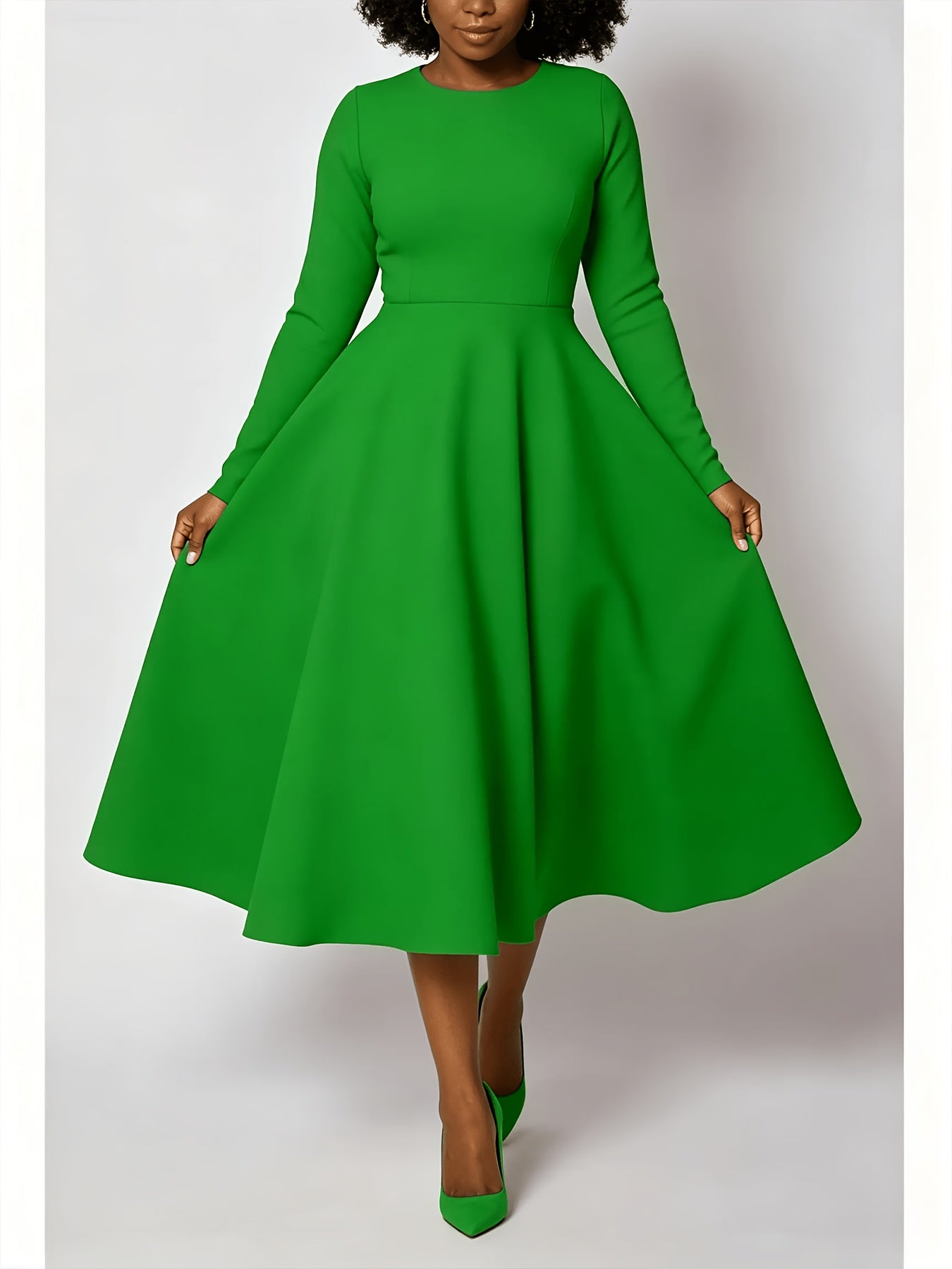 Plus Size - Plus Size Women'S Solid Color Round Neck Long Sleeve Back Pleated Flared Dress Autumn And Winter Elegant Long Dress