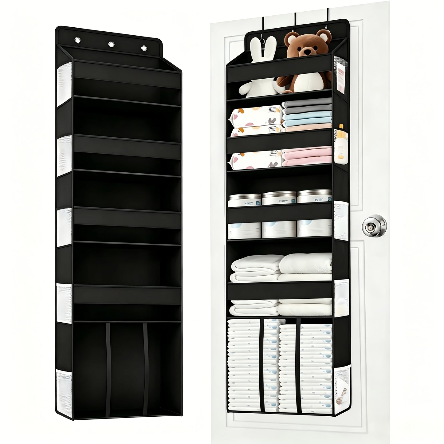 Over the Door Organizer Hanging - 6 Shelf Over Door Organizers with 6 Clear Front &12 Side Pockets - Swing-proof 50LB Load Behind Door Storage for Closet Bedroom Bathroom Nursery Essentials