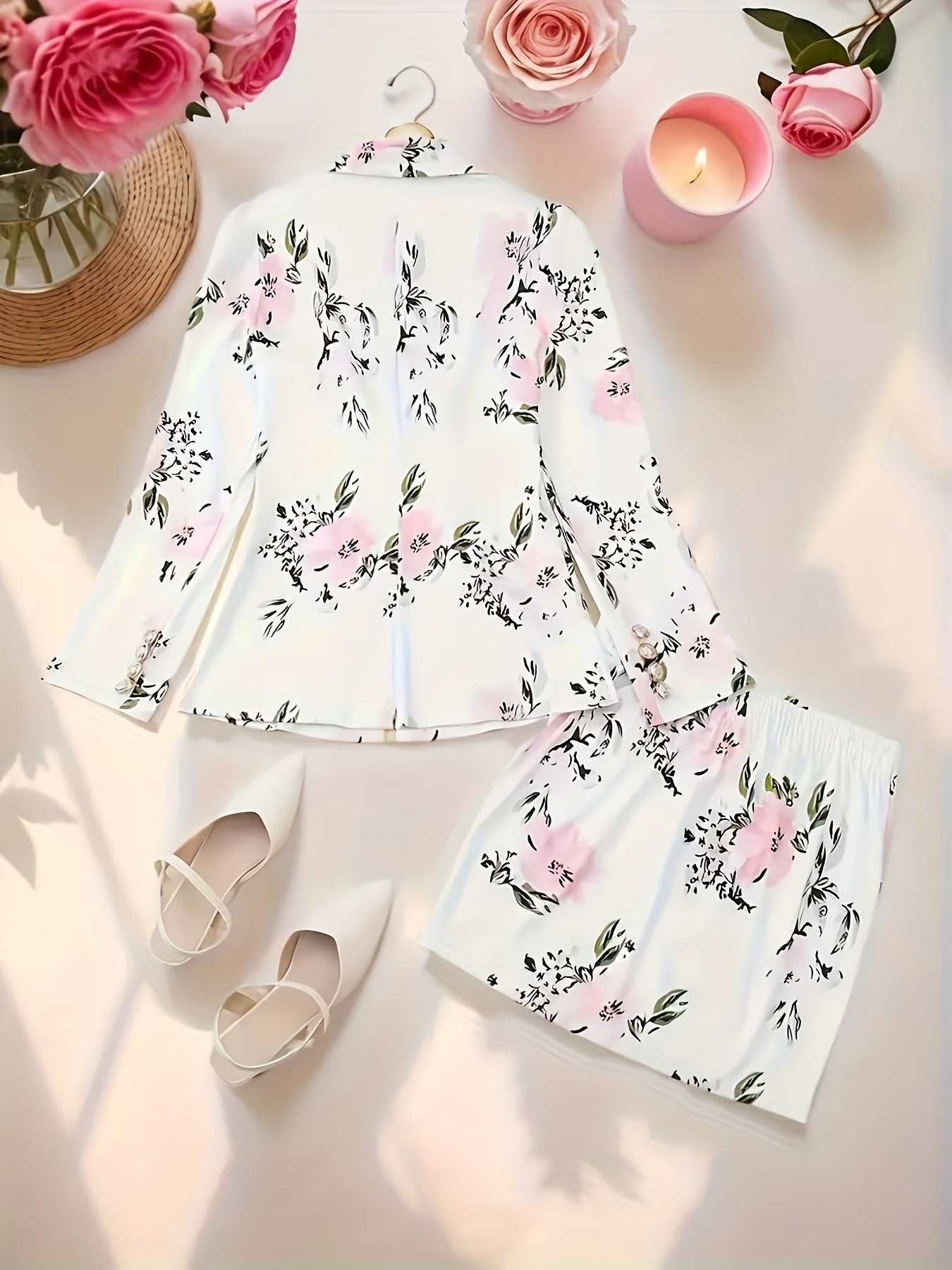 Floral Print Two-piece Suit Set, Elegant Double Breasted Blazer & Bodycon Skirt Outfits - Women's Clothing - For Women - Suitable for Parties, Weddings & Formal Occasions - Perfect Gift for Her