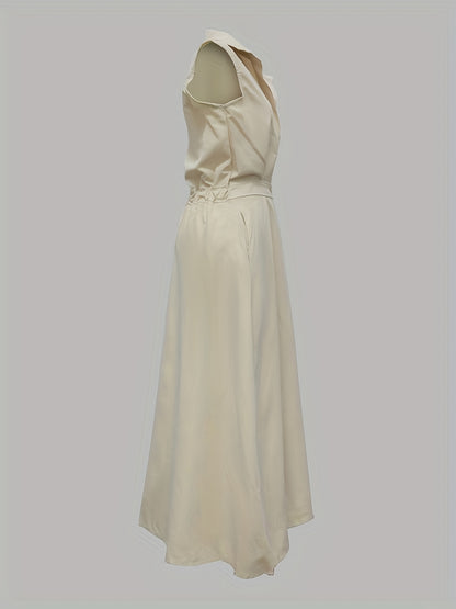 Sleeveless Solid Color Lapel Long Dresses Midi Dresses