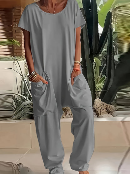 Plus Size - Plus Size - Women'S Solid Color Casual Baggy Pocket Romper