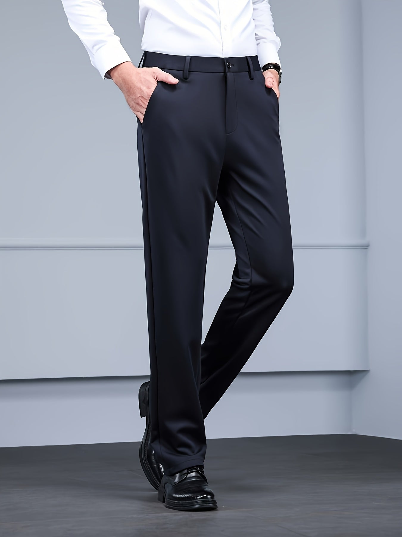 Men's High-elasticity Anti-wrinkle Straight-leg Dress Pants, High-waisted Business Casual Long Pants, Button And Zipper Design, Machine-washable All-season Classic Solid Color Suit Pants, Professional Clothing, Wear-resistant Fabric, Formal Wear