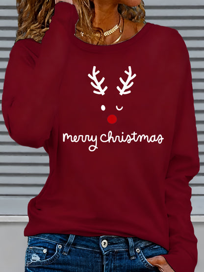 Women's Christmas Print Sweatshirt - Reindeer Pattern with "Merry Christmas" Lettering, Comfortable Crew Neck Long-sleeved Pullover, Casual Top for Autumn And Spring, Machine Washable, Perfect for Holiday Parties And Winter Wear.
