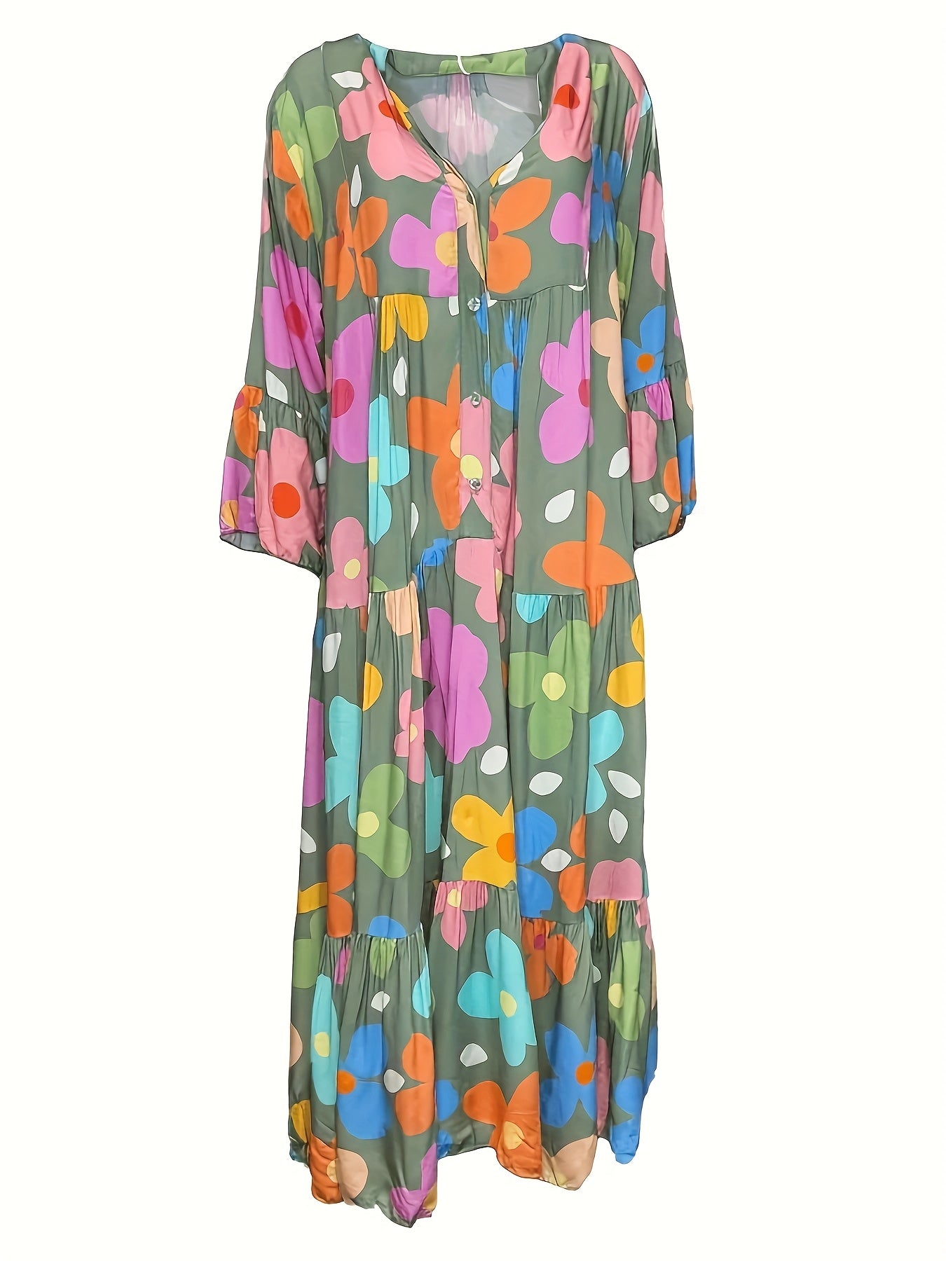 Women Floral Print Boho V Neck Maxi Dress, Layered Design, Button Closure, 3/4 Flared Ruffle Sleeves, Super Loose Fit