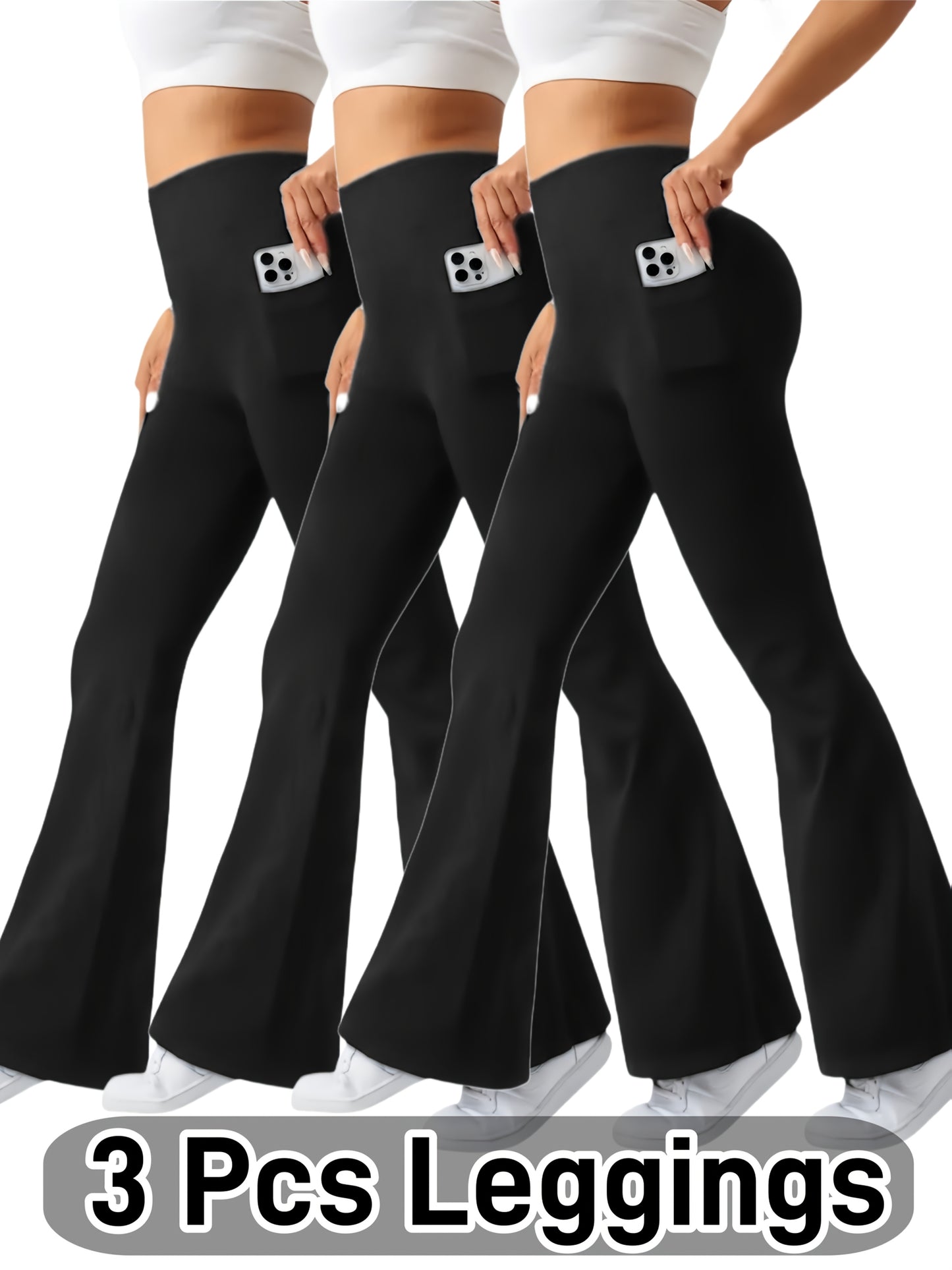 Ultra-Soft High-Waist 3pcs Women'S Flare Leggings With Side Pockets - Tummy Control, Stretchy Bootcut Pants For & Casual Wear - 4 Colors, Four Seasons, Style, Occasion