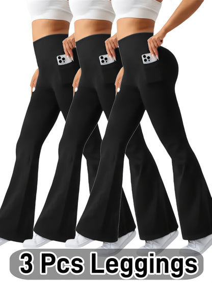 Ultra-Soft High-Waist 3pcs Women'S Flare Leggings With Side Pockets - Tummy Control, Stretchy Bootcut Pants For & Casual Wear - 4 Colors, Four Seasons, Style, Occasion