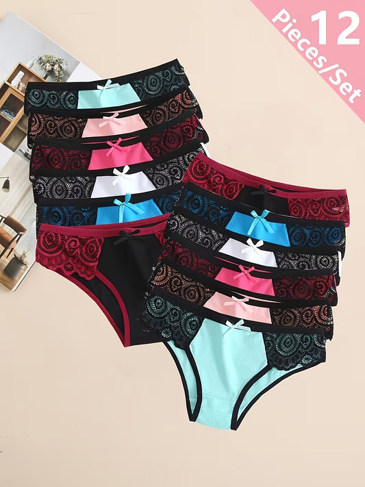 12PCS, Seamless Women's Daily Sports Underwear, Low Waist Comfortable Cotton Splicing Triangle Pants, Lace Lace Bow Underwear Underwear
