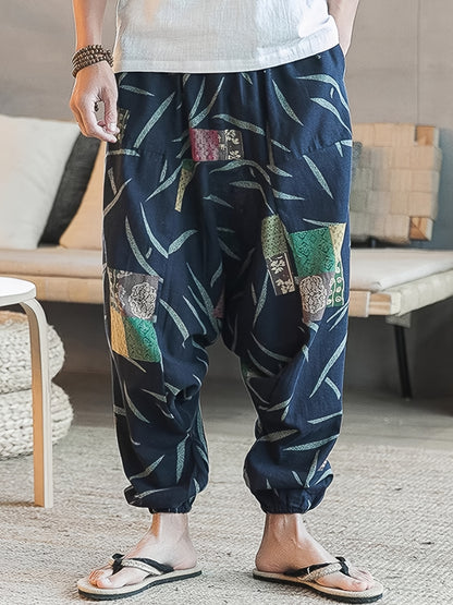Men'S Stylish 100% Loose Colorful Fans Pattern Pants with Pockets, Casual Breathable Comfy Trousers for City Walk Street Hanging Outdoor Activities