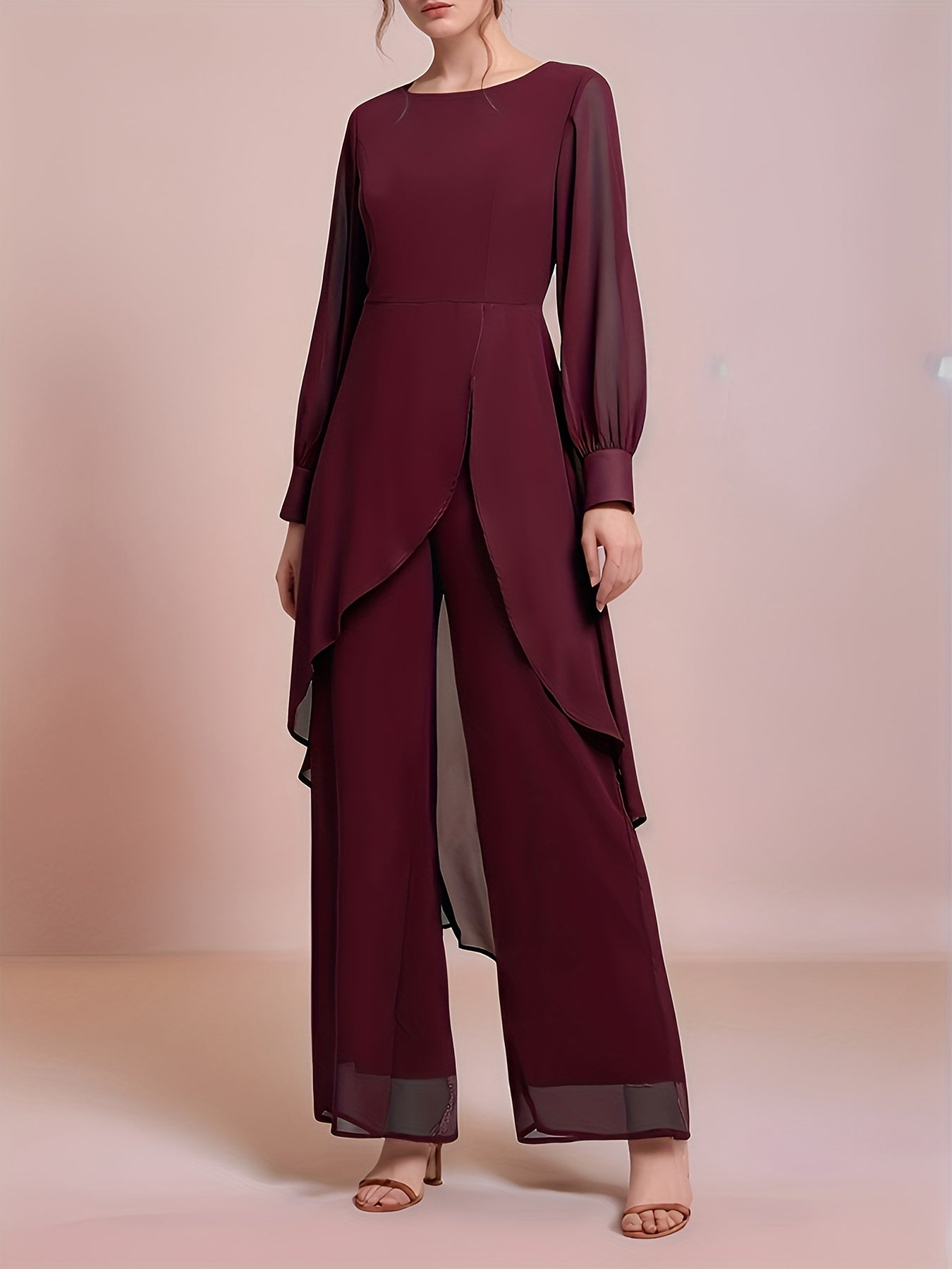 Ladies' Elegant Two-piece Set, Fashionable Chiffon Top with Flowing Sleeves, Wide-leg Pants, And Stylish Accessories - A Must-have Party Dress Pants Set for All Seasons.