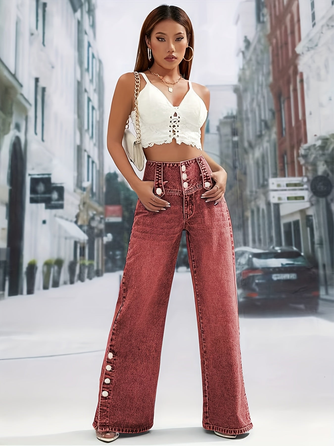 Women's Daily Casual Fashion Button Waistband Loose Jeans, with Open Button Cuff Design, Suitable for Home, Outdoor Street Shopping, Holiday Travel, Airport, And Versatile for All Seasons, Machine Washable.