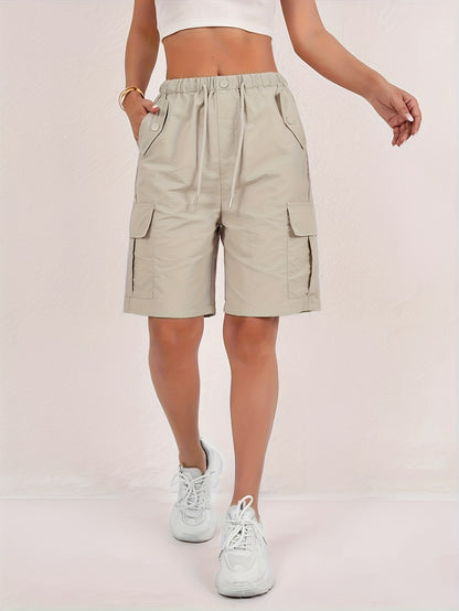 2pcs Women's American Workwear Cargo Shorts - Lightweight Straight-Leg with Multiple Pockets, Adjustable Drawstring Waist, Machine Washable Casual Mid-Thigh Length for Spring Summer Fall, Everyday Comfort, Functional Design, Durable Fabric