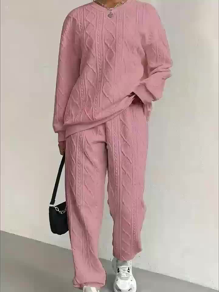 Women's Casual Pullover Two-piece Set, Suitable for Spring And Autumn, Consisting Of A Textured Long-sleeved Top And Jogging Pants