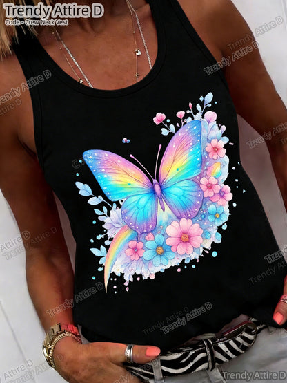 Sweet Style Round-Neck Vest, Printed Round-Neck Vest, Fashionable Design Pattern, Holiday Outfits Essential Summer Items for Women, Women'S Fashionable Summer T-Shirts