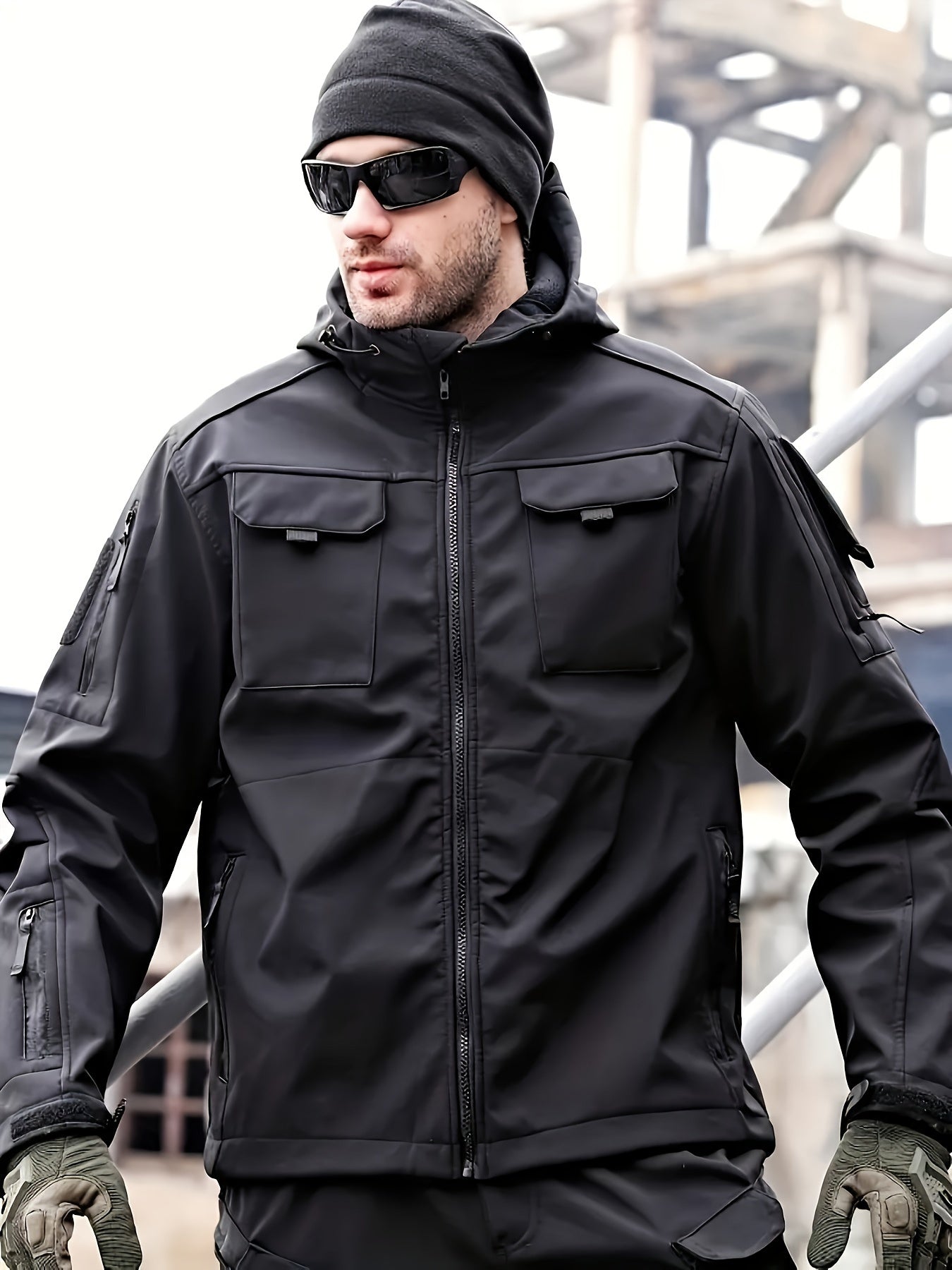 Men's Tactical Jacket Outdoor Zippered Shell Jacket, Windproof, Scratch Resistant, Warm Hooded Jacket, Suitable for Outdoor Activities, Ripstop Technology, Multiple Utility Pockets - Non-Stretch Outdoor Gear for Camping, Survival, Tactical Training.