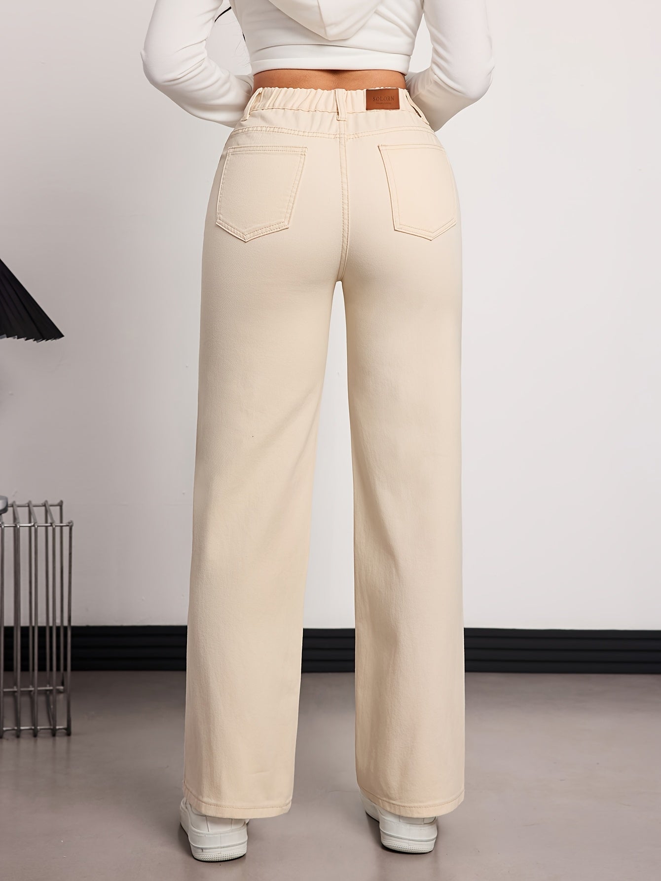 Women's High-Waisted Straight-Leg Jeans Pants - Beige Beige Denim, Belted Waist (No-Stretch -like Fabric), All-Season Trousers for Casual & Formal Wear, Classic Tailored Fit (Machine Washable) - Brown Jeans