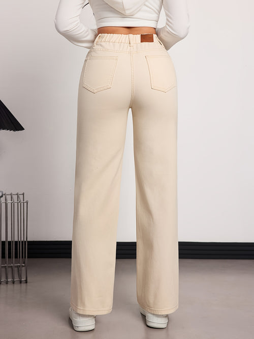 Women's High-Waisted Straight-Leg Jeans Pants - Beige Beige Denim, Belted Waist (No-Stretch -like Fabric), All-Season Trousers for Casual & Formal Wear, Classic Tailored Fit (Machine Washable) - Brown Jeans