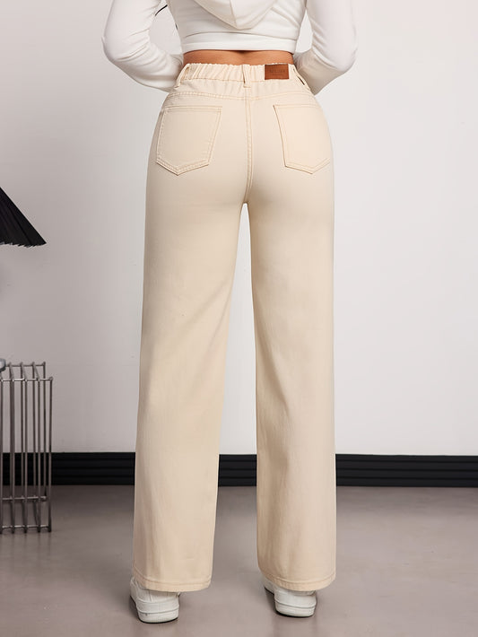 Women's High-Waisted Straight-Leg Jeans Pants - Beige Beige Denim, Belted Waist (No-Stretch -like Fabric), All-Season Trousers for Casual & Formal Wear, Classic Tailored Fit (Machine Washable) - Brown Jeans
