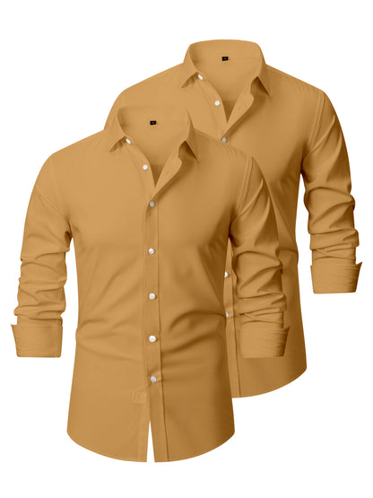 2pcs Men's Long Sleeve Dress Shirts - Elegant White, Stretchy Fabric, Business Casual, Unwrinkled, Single-Breasted with Lapel Collar, All-Season Wear, Casual Attire|Elegant Lapel Shirt|Stretchy Fabric
