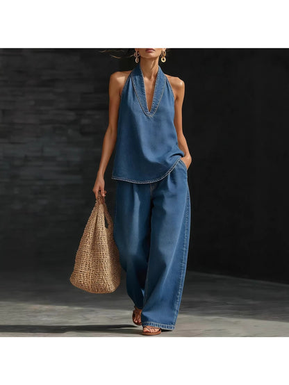 Women's Denim Halter 2pcs Set 2026, Casual Sleeveless V Neck Top & Wide Leg Pants, Loose Fit Streetwear Outfit Eight, Airy & Relaxed Fit