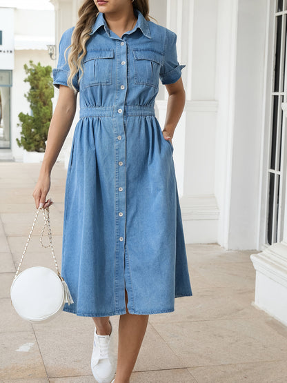 Women'S Casual Denim Midi Dress - Short Sleeve, Button-Up Shirt Style with Pockets, Flattering A-Line Cut, Light Blue Blend Fabric, Perfect for Spring And Fall