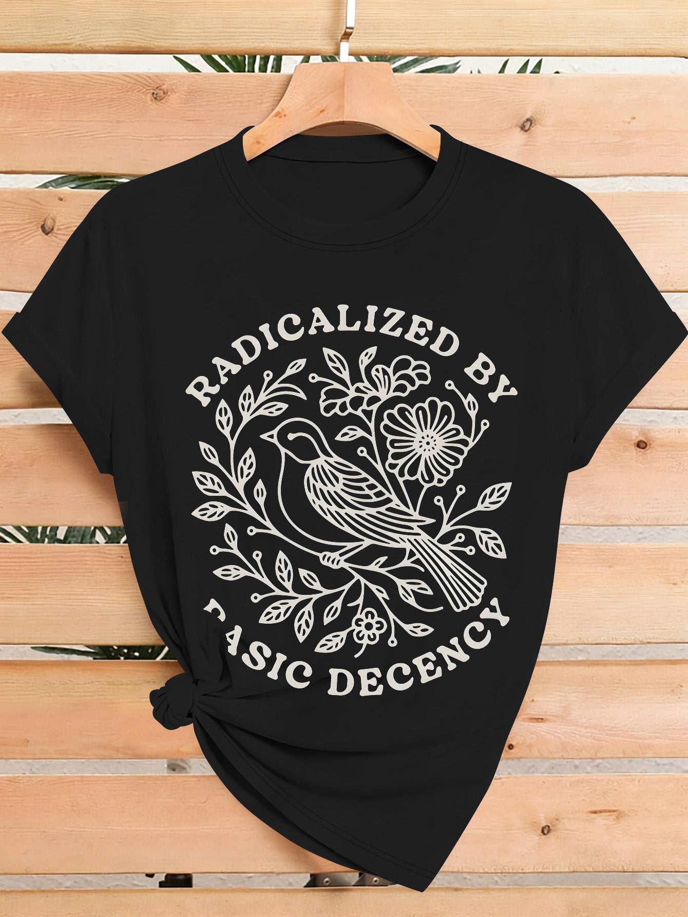 Women'S bird Radicalized By Basic Decency T-Shirt with Print, Short Sleeve Crew Neck Casual Top, Perfect for Spring & Summer, Ideal Birthday or Holiday Gift, Casual Commute Tee, Minimalist Print Short Sleeve Top for Office & Errands Fall