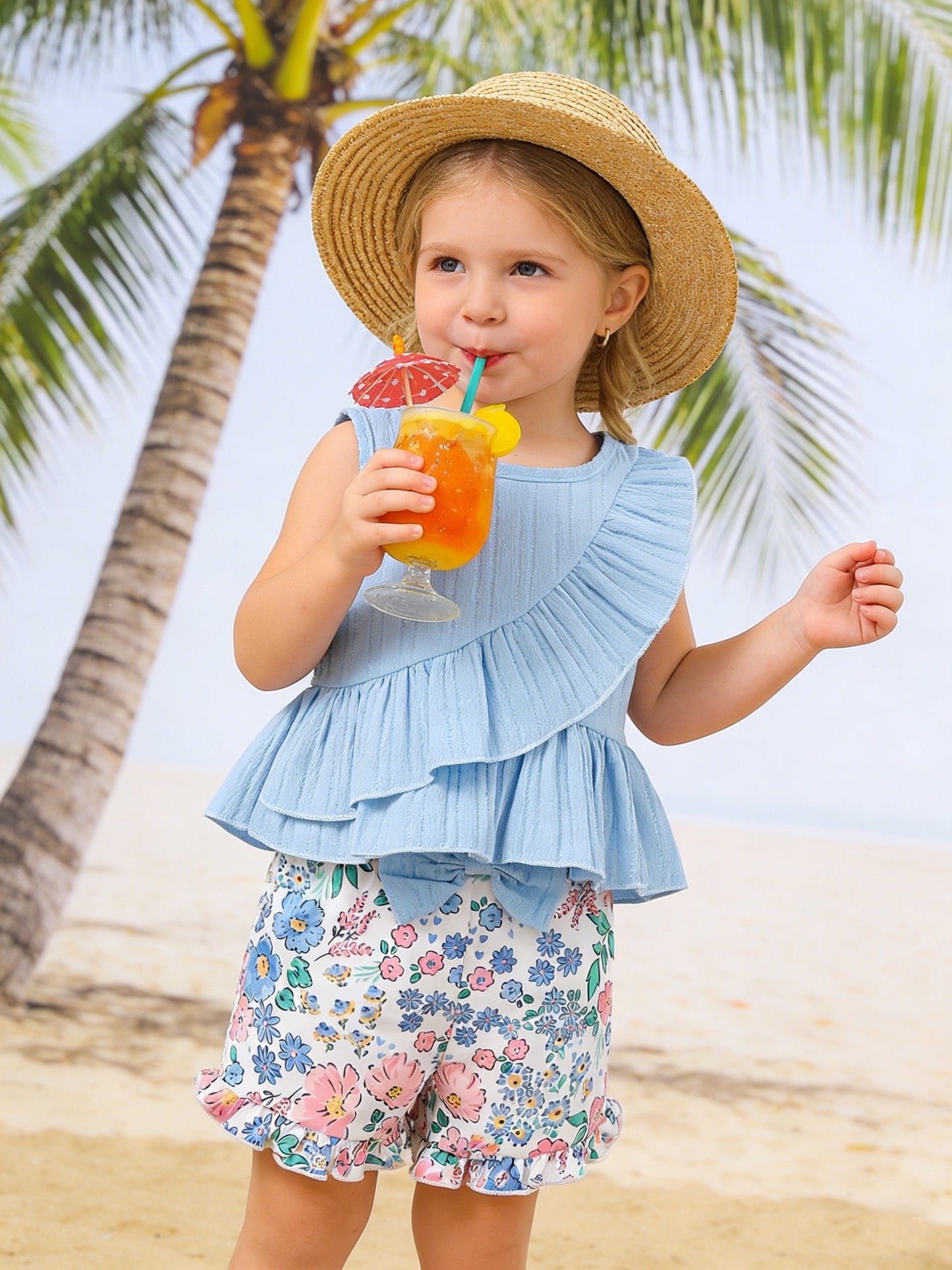 2pcs Girls' Summer Set: Blue Striped Sleeveless Top with Ruffle Design and Floral Print, Bow Detail & Wooden Ear Short Pants Casual Outfit, Perfect for Outdoor