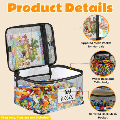 6-Pack Extra Large Storage Bags with Zipper & Labels, Reusable Clear TPU Waterproof Organizer for Kids', Building Blocks, Puzzles, Dolls, Board Games - Durable, Bra-Free, Travel-Friendly