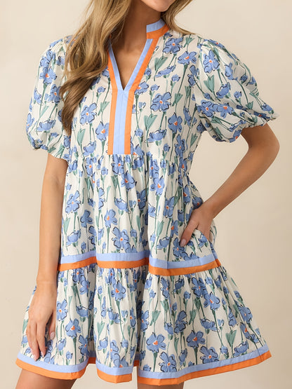 Women'S Summer Floral Mini Dress, Puff Sleeve Short Sleeve V-Neck Loose Bohemian Style Beach Dress, Floral Print