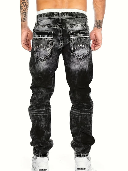 Men's Slim-Fit Straight-Leg Distressed American Snowflake Jeans - Vintage Wash Blue Denim Pants with Snowflake Pattern, Streetwear Style All-Season Casual Wear, Durable Fabric & Hand Washable