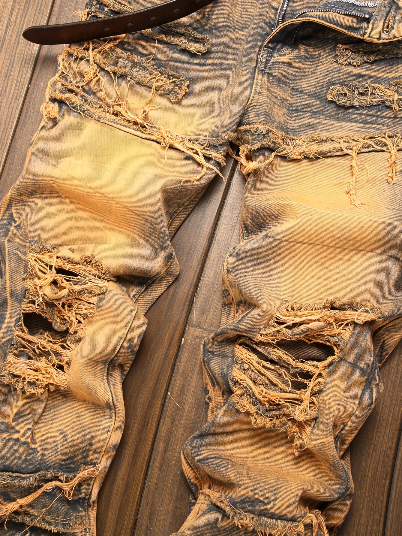 Fashion Trends Stacked Multi-post Fabric Tassels Holes Irregular Tie Flower Splashed Ink Jeans Casual Men's Trousers